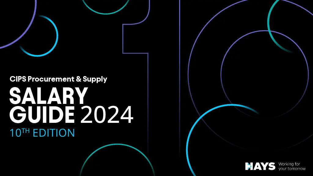 CIPS Salary Guide 2024 10th EDITION branding. Black background with overlayed text on it reading: CIPS Procurement & Supply Salary Guide 10th edition on the left side. The bottom right has the logo for recruitment company, Hays, showing. 