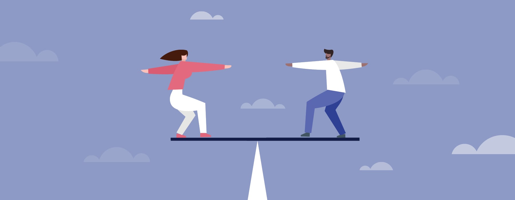 Graphic showing a women (left) and man (right) balancing each other out on a scale. The background is a blue sky with clouds dotted around.