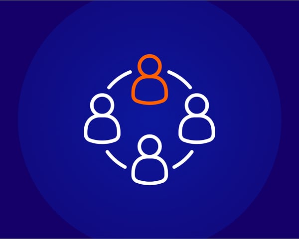 line icon of a circle of 4 people, one person highlighted. Icon shown on circular blue background