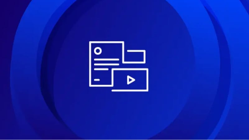 Icon of a computer screen showing a multimedia layout with text boxes and a play button, on a blue circular background.