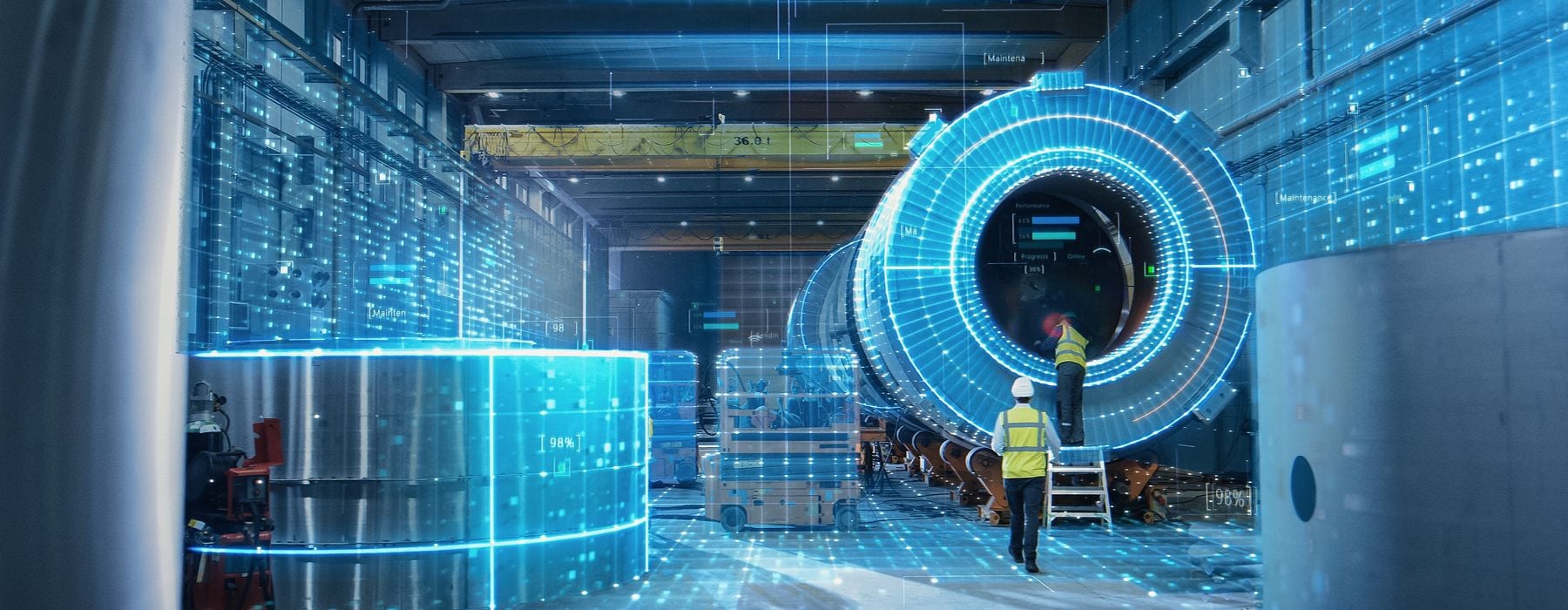 Image of factory/construction site with a holographic tech wiring blue overlay 